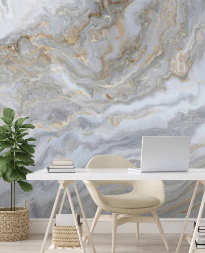 harmaa ja valkoinen marmoritapetti seinämaalaus nimeltä Grey and White Swirl Marble kylpyhuoneisiin, käytäviin ja keittiöihin