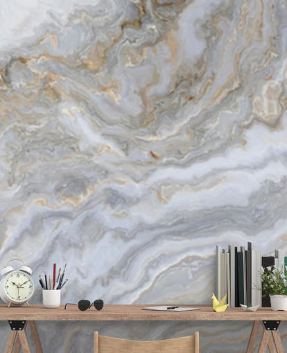 mural de papel pintado de mármol gris y blanco llamado Grey and White Swirl Marble para baños, pasillos y cocinas