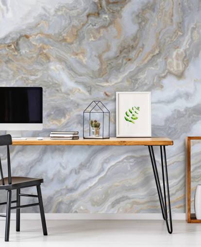 mural de papel pintado de mármol gris y blanco llamado Grey and White Swirl Marble para baños, pasillos y cocinas