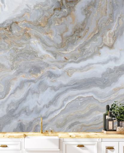 mural de papel de parede de mármore cinza e branco chamado Grey and White Swirl Marble para banheiros, corredores e cozinhas