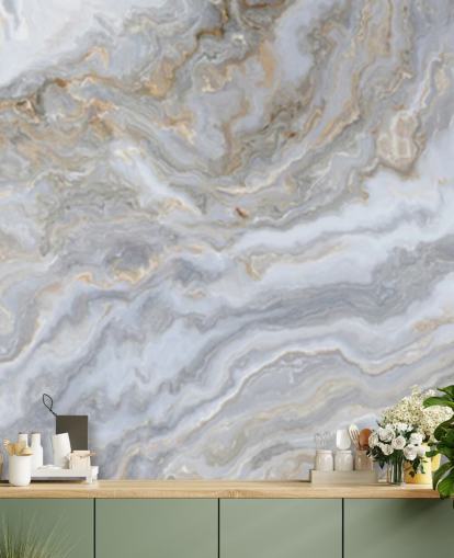 gray and white marble wallpaper mural called Gray and White Swirl Marble for bathrooms, hallways and kitchens