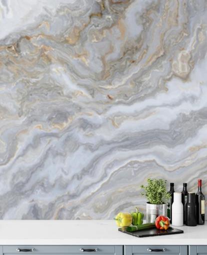 grey and white marble wallpaper mural called Grey and White Swirl Marble for bathrooms, hallways and kitchens