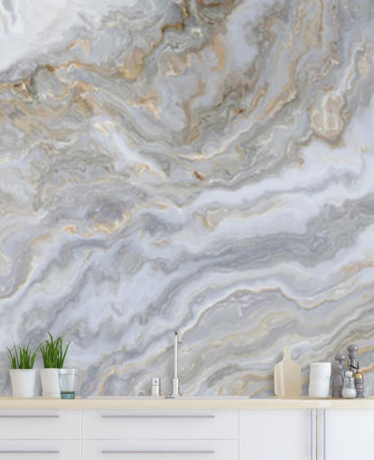 gray and white marble wallpaper mural called Gray and White Swirl Marble for bathrooms, hallways and kitchens