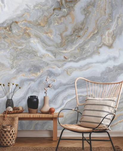 harmaa ja valkoinen marmoritapetti seinämaalaus nimeltä Grey and White Swirl Marble kylpyhuoneisiin, käytäviin ja keittiöihin