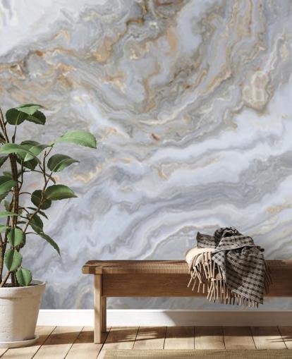 mural de papel pintado de mármol gris y blanco llamado Grey and White Swirl Marble para baños, pasillos y cocinas