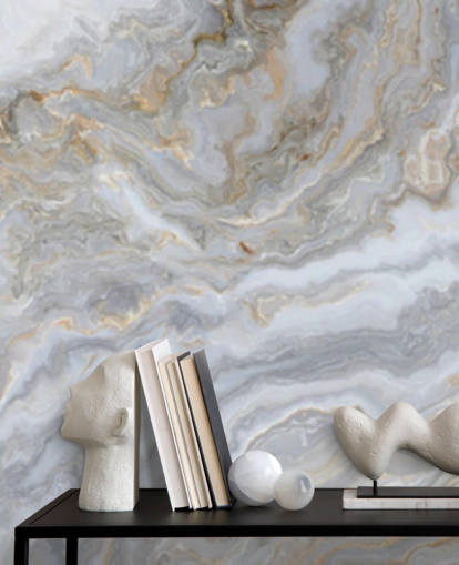 gray and white marble wallpaper mural called Gray and White Swirl Marble for bathrooms, hallways and kitchens