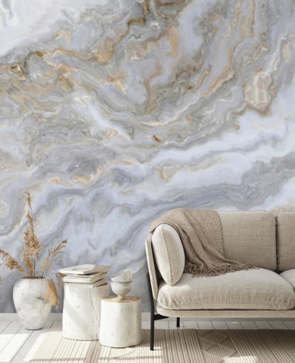 gray and white marble wallpaper mural called Gray and White Swirl Marble for bathrooms, hallways and kitchens