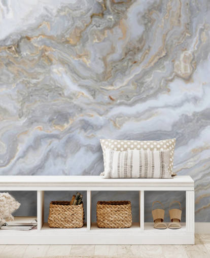 grijze en witte marmeren muurschildering genaamd Grey and White Swirl Marble voor badkamers, gangen en keukens
