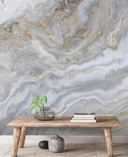 mural de papel pintado de mármol gris y blanco llamado Grey and White Swirl Marble para baños, pasillos y cocinas