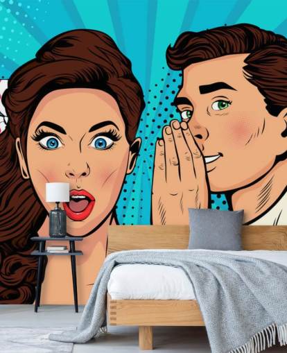 retro wallpaper of a man whispering into a shocked woman's ear