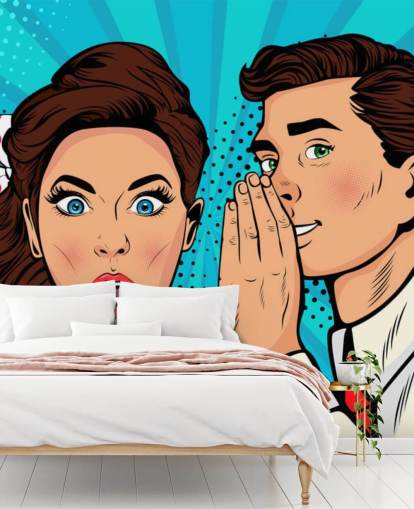 retro wallpaper of a man whispering into a shocked woman's ear