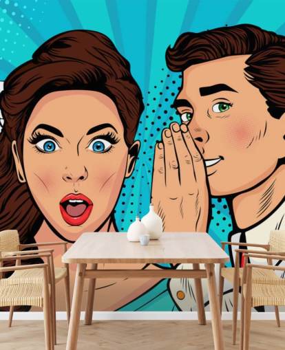 carta da parati retrò di un uomo che sussurra all'orecchio di una donna scioccata