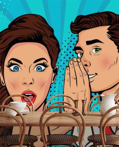 fondo de pantalla retro de un hombre susurrando al oído de una mujer sorprendida