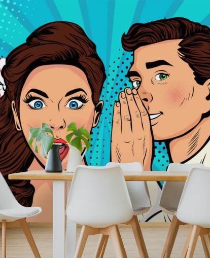 retro wallpaper of a man whispering into a shocked woman's ear
