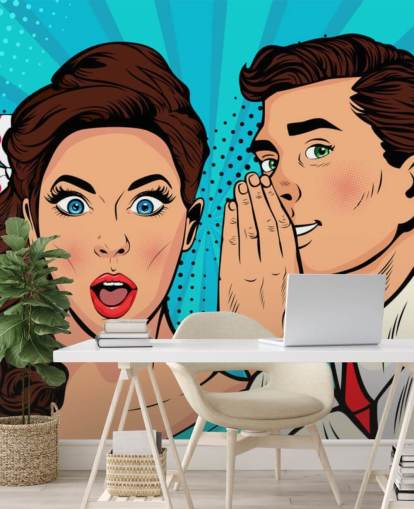 fondo de pantalla retro de un hombre susurrando al oído de una mujer sorprendida