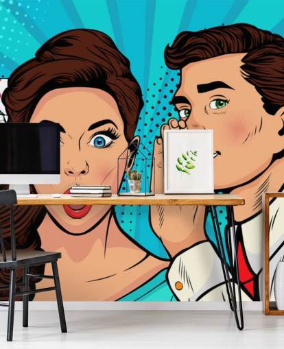 fondo de pantalla retro de un hombre susurrando al oído de una mujer sorprendida