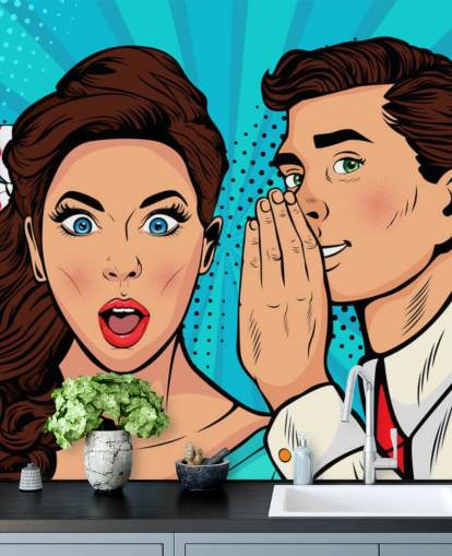 retro wallpaper of a man whispering into a shocked woman's ear