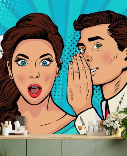 retro wallpaper of a man whispering into a shocked woman's ear