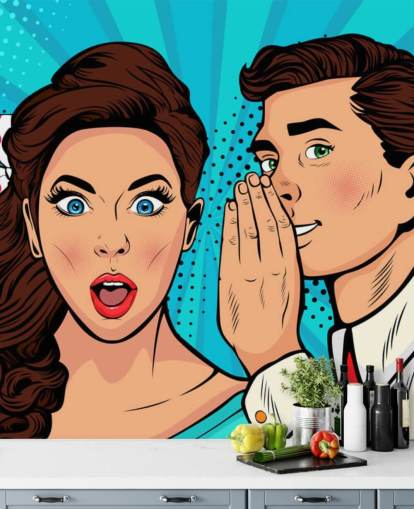 retro behang van een man die in het oor van een geschokte vrouw fluistert retro behang van een man die in het oor van een geschokte vrouw fluistert