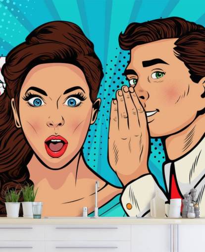 retro wallpaper of a man whispering into a shocked woman's ear