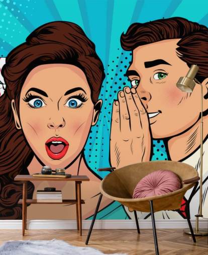 fondo de pantalla retro de un hombre susurrando al oído de una mujer sorprendida