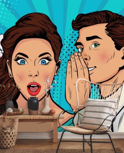 fondo de pantalla retro de un hombre susurrando al oído de una mujer sorprendida