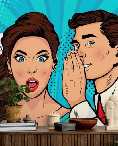 retro wallpaper of a man whispering into a shocked woman's ear