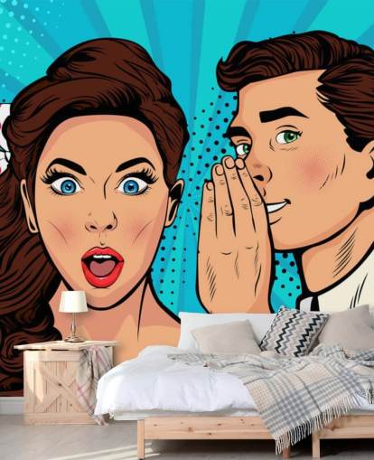 fondo de pantalla retro de un hombre susurrando al oído de una mujer sorprendida