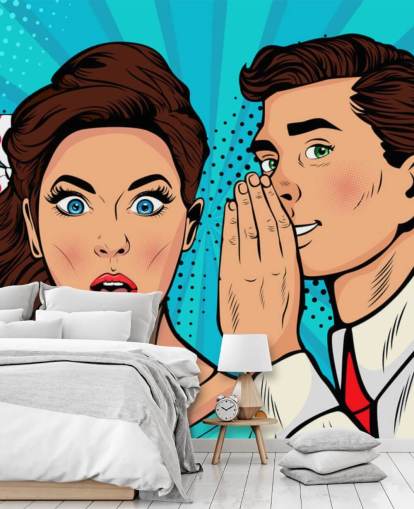 carta da parati retrò di un uomo che sussurra all'orecchio di una donna scioccata