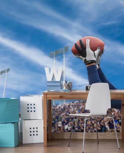 Jogador da NFL pegando bola com fundo de multidão papel de parede