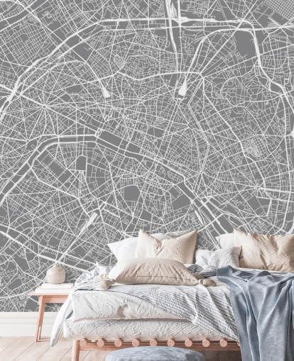Papel pintado Mapa París gris y blanco