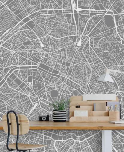 Grey and White Paris Map Wallpaper