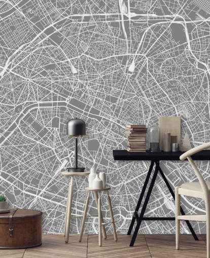 Grey and White Paris Map Wallpaper