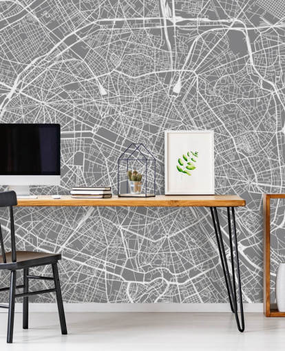Grey and White Paris Map Wallpaper