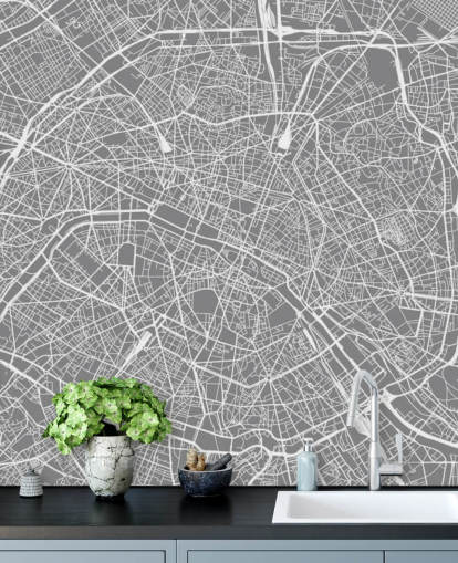 Grey and White Paris Map Wallpaper