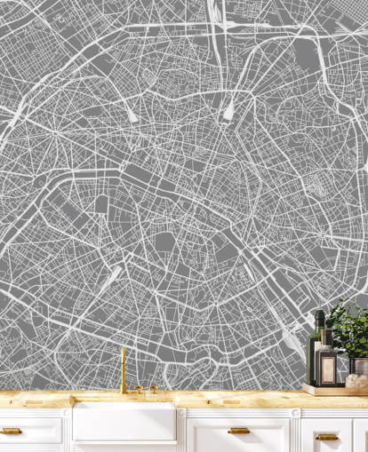 Papel pintado Mapa París gris y blanco