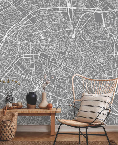 Grey and White Paris Map Wallpaper