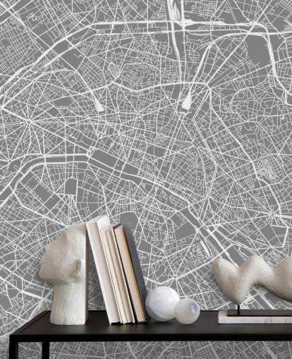 Grey and White Paris Map Wallpaper