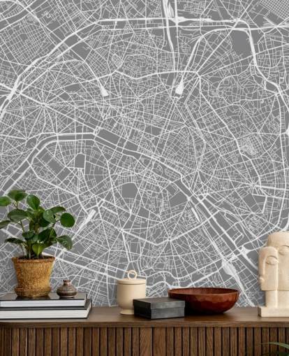 Papel pintado Mapa París gris y blanco