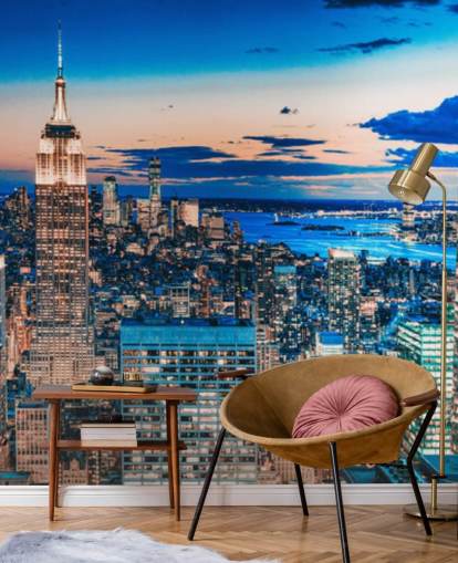 Carta da parati New York con sfumature oro rosa e blu