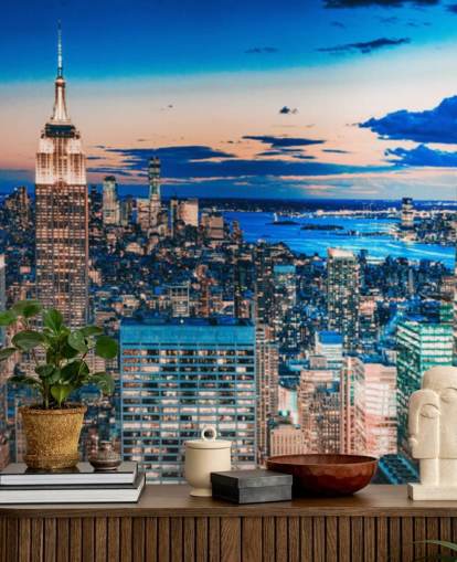 Carta da parati New York con sfumature oro rosa e blu