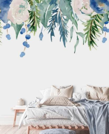 blauwe en groene hangende bloemen op wit achtergrondbehang blauwe en groene hangende bloemen op wit achtergrondbehang