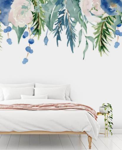 fleurs suspendues bleues et vertes sur fond blanc papier peint