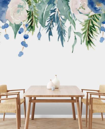 fiori appesi blu e verdi su sfondo bianco carta da parati