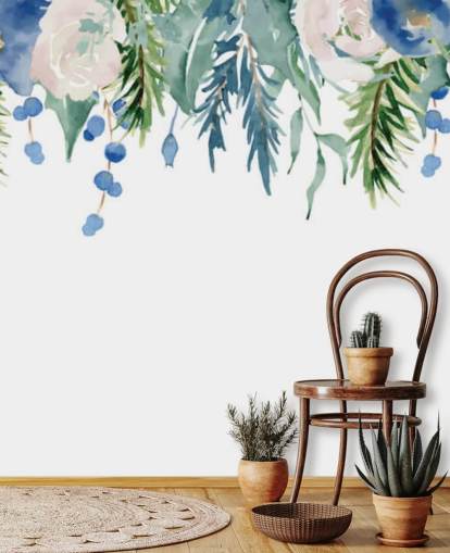 fiori appesi blu e verdi su sfondo bianco carta da parati