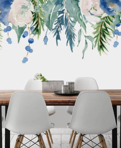 blauwe en groene hangende bloemen op wit achtergrondbehang blauwe en groene hangende bloemen op wit achtergrondbehang