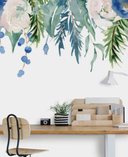 fleurs suspendues bleues et vertes sur fond blanc papier peint