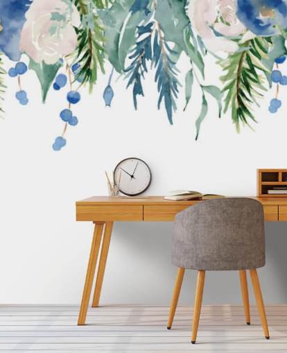 blue and green hanging flowers on white background wallpaper