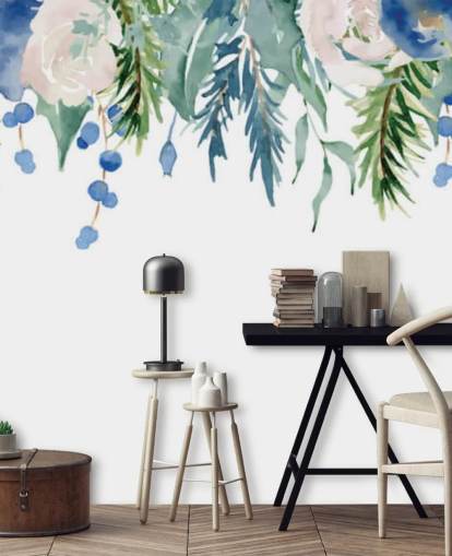 fleurs suspendues bleues et vertes sur fond blanc papier peint