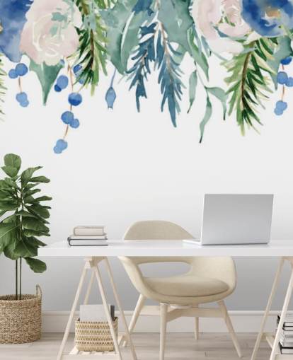 fiori appesi blu e verdi su sfondo bianco carta da parati